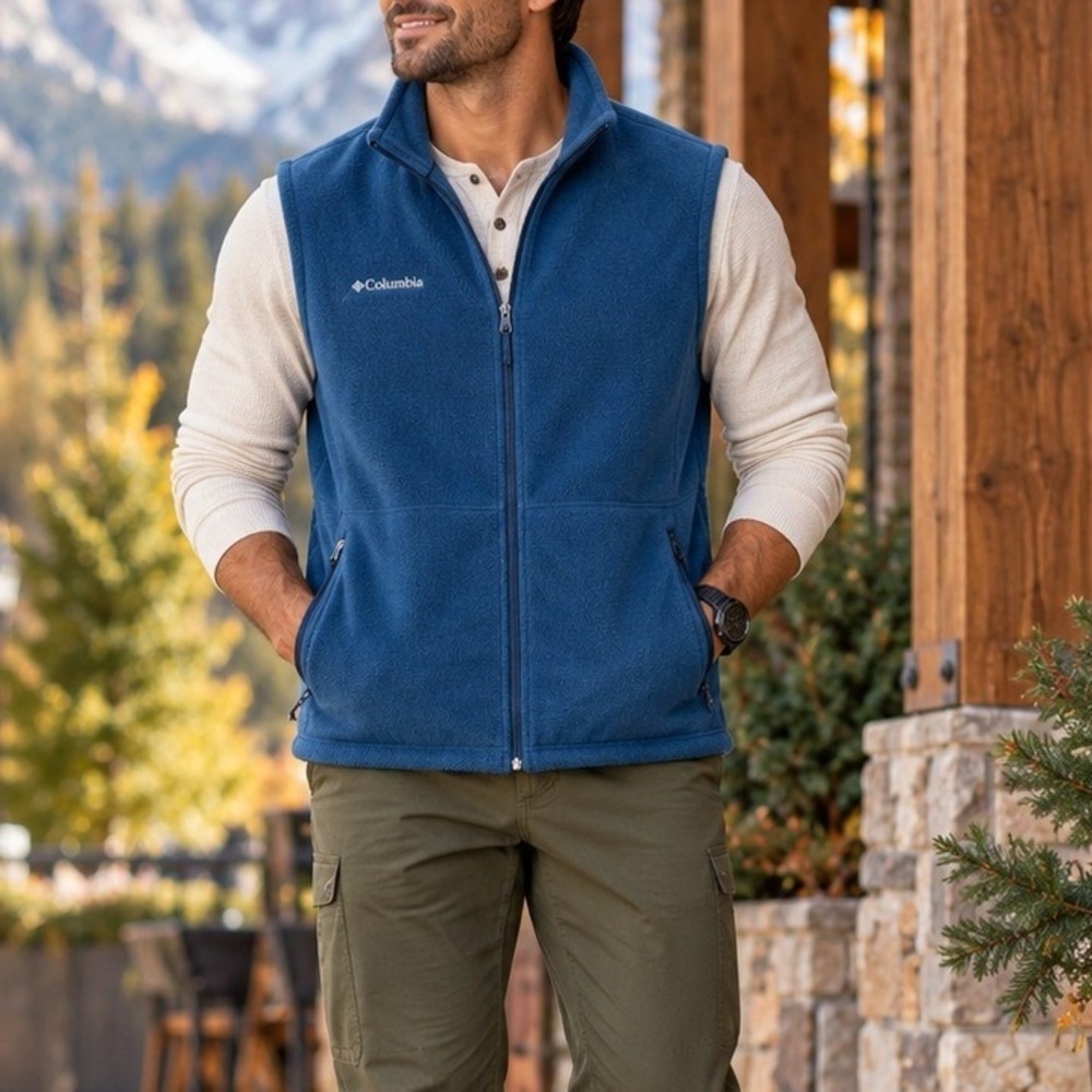 Columbia Mens Blue Fleece Full Zip Vest Mock Neck Size L Gorpcore Heritage